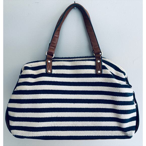 b. bag Cream and Navy Blue Striped Bag Tote Purse - Picture 1 of 11
